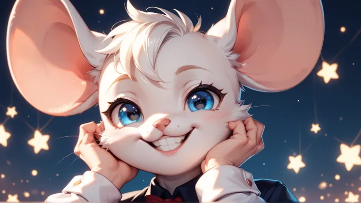 The white mouse with a cute face, and 2 bunny teeth, he is smiling with sparkling blue eyes.