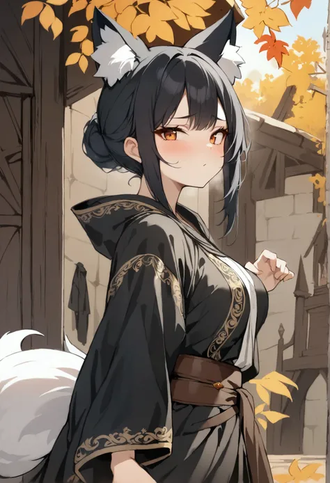 (1girl, Masterpiece, best quality, beautiful) A young fox-woman, short black hair, (black fox ears with white fur), neutral face expression, (medieval-style detailed ((black very very bulky clothing heavy thick black robes full covered)) beautiful amber ey...