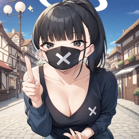 (masterpiece,best quality,amazing quality),(town,from front,apper body),(1 girl),(sukebanBa,black hair,black eyes,mouth mask, black mask,x, ponytail,halo),Pointing finger at viewer