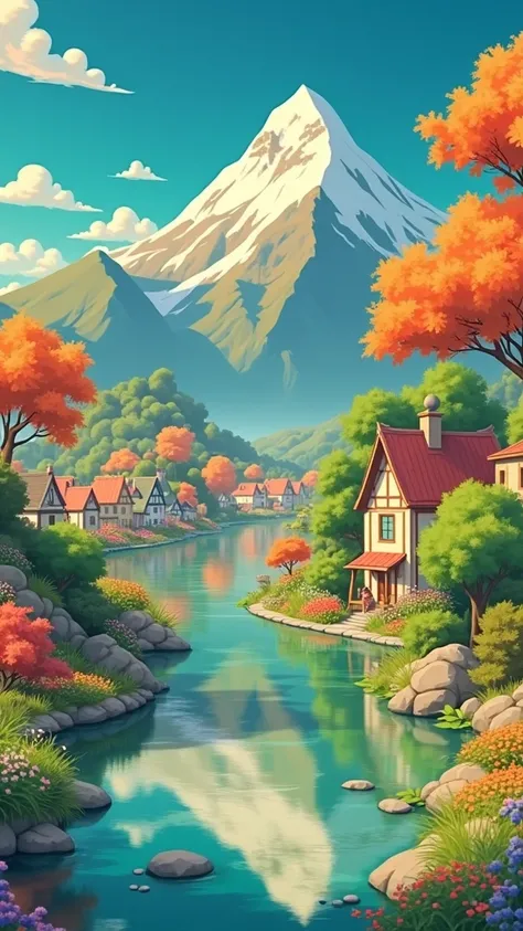  A small town by the river, mountains in the background,  colorful floral flowers ,  detailed landscape,  beautiful natural landscapes ,  atmospheric lighting, scorching sunset,  warm colors , practical, Photographic, detailed foliage, complex buildings, c...