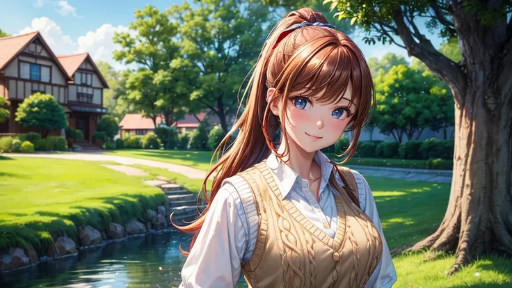 1girl, solo, summer, trees, water, house, fantasy landscape, red hair, ponytail, large full breasts, ((light brown vest sweater)), button down, dark blue eyes, ((white shirt)), ((short sleeved shirt)), ((unbuttoned shirt)), (unbuttoning shirt), checked ski...