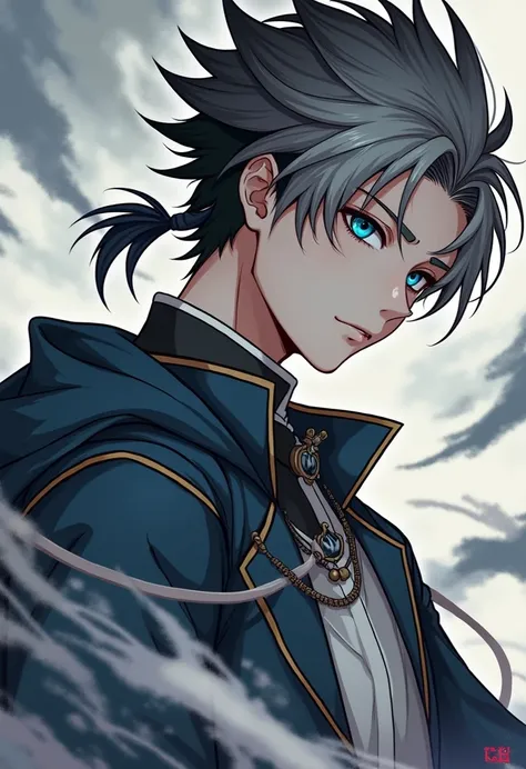 , masculine, white hair with black highlights,eyes with blue pupils, estiolo manhwa wind breaker, age 18 years.