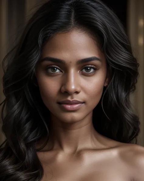 
Portrait of a 25-year-old woman of Indian descent, standing 1.68 meters tall, with warm bronzed skin. She has soft, light-colored eyes and beautifully styled brown curly hair that frames her face naturally. Her nose is refined and symmetrical, complementi...