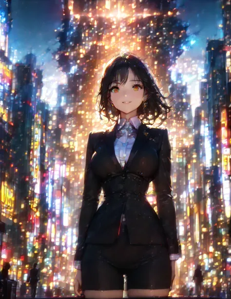 anime, 1girl, Long black hair mixed with white undertones, Giantess, orange eyes, smile, business outfit, anatomically correct, cinematic lighting, masterpiece, best quality(Depth of field hdr 8k 4k wallpaper, cinematic lighting,:1.5) (masterpiece, best qu...