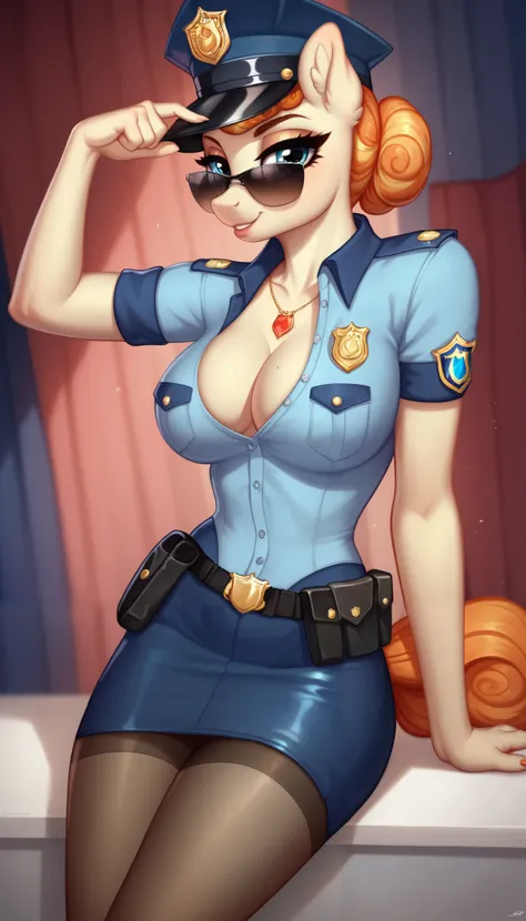 score_9, score_8_up, score_7_up, Police Pony, Deputy Copper, mlp, anthro, 1girl, beautiful eyes, solo, tight hairbun, strip suit, police uniform, pantyhose, (police Sunglasses, /(aviator style/)), police hat, soft breasts, cleavage, jewellery, 1girl, solo,...