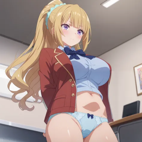 standing, from front, from below, skirt, shirt, bow, school uniform, jacket, red jacket, pleated skirt, bowtie, sweater, blue bow, blue shirt, sexy panties,(arms behind back:1.4), breast, (huge breast:1.0), (blush), 8k masterpiece, (1girl, solo),kei karuiz...