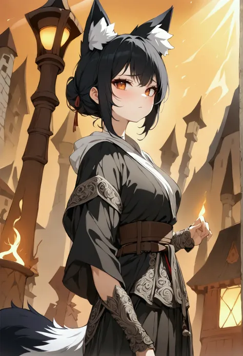 (1girl, Masterpiece, best quality, beautiful) A young fox-woman, short black hair, (black fox ears with white fur), neutral face expression, (medieval-style detailed ((black very heavy bulky clothing heavy bulky black robes multi-layered)) beautiful amber ...