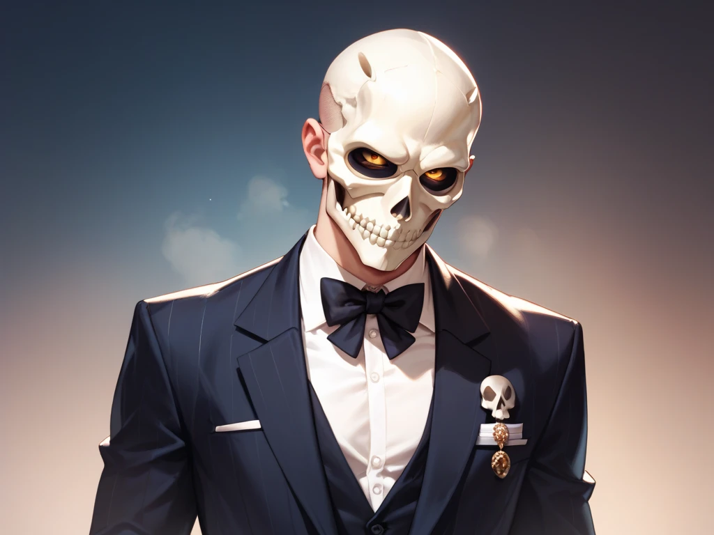 skinny man in skull mask in suit