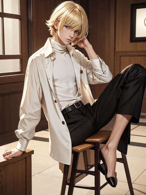 (best quality), 1boy, male, porcelain skin, blonde hair, medium hair, straight hair, side swept bangs, brown eyes, perfect eyes, oversized button-up shirt, black turtleneck, leg dress pants, skinny body, masterpiece, anatomically correct, highres
