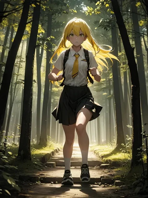 YELLOW-HAIRED GIRL RUNNING IN A DARK FOREST AT NIGHT WEARING A SCHOOL UNIFORM WITH A SCARY EXPLANATION