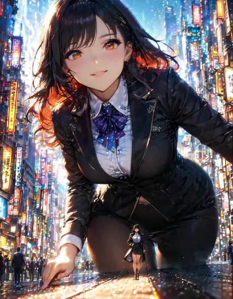 anime, 1girl, Long black hair mixed with white undertones, Giantess, orange eyes, smile, business outfit, anatomically correct, cinematic lighting, masterpiece, best quality(Depth of field hdr 8k 4k wallpaper, cinematic lighting,:1) (masterpiece, best qual...