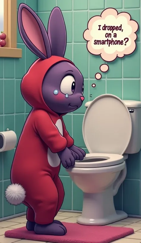 A Deep Violet Rabbit wearing a Debian Red  onesie stands in a bathroom, looking distressed with tears in its eyes. It gazes at a toilet, where a thought bubble suggests it dropped a smartphone inside. The bathroom features tiled walls and a small rug on th...