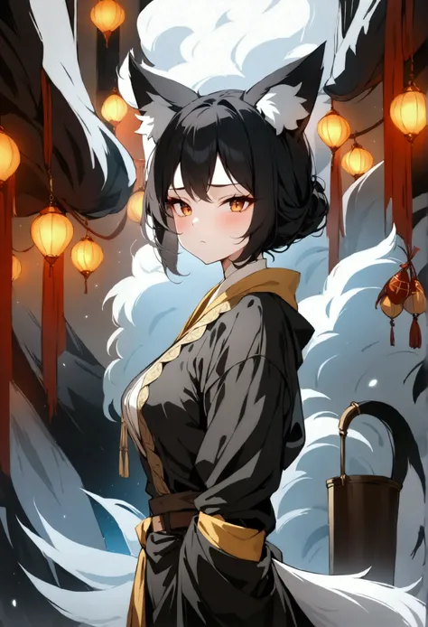 (1girl, Masterpiece, best quality, beautiful) A young fox-woman, short black hair, (black fox ears with white fur), neutral face expression, (medieval-style detailed ((black very heavy bulky clothing heavy bulky black robes multi-layered robes)) beautiful ...