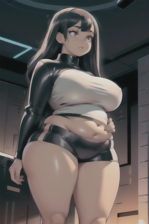 ((futuristic)), ((thick outline)), (high resolution), (detailed), curvy girl, chubby belly, ((black shorts)), ((black long sleeve cropped shirt)), black hair