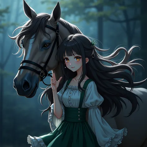  1 girl, Alone, Horse Girl,   Horse Girl , Horse&#39;s ears, Horses Tail,  Brown Eyes ,  brown hair,  long hair,  light smile , earrings,  ruffle skirt,  green skirt ,  high waist skirt,  puff sleeve , thin, slender, ( Japanese :0.8)