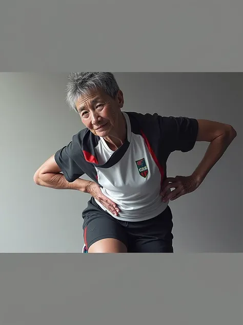 A 71-year-old Russian woman with short hair with the eyes of a Japanese woman in a sports uniform in colorful shoes is realistic