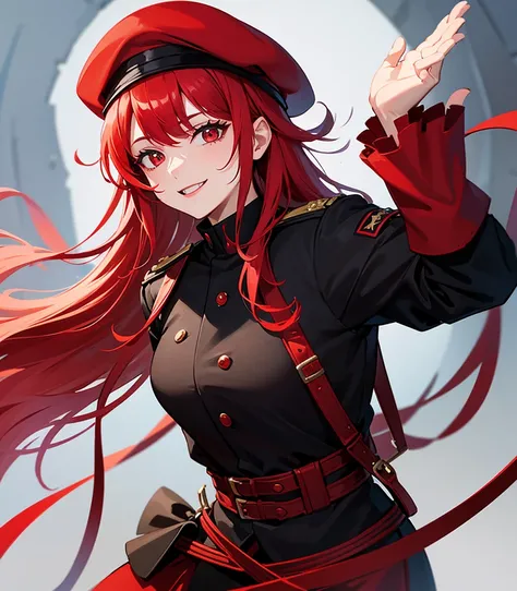 　 red hair　 vampire red eyes　solo　Mysterious uniform　Im wearing a smiling beret