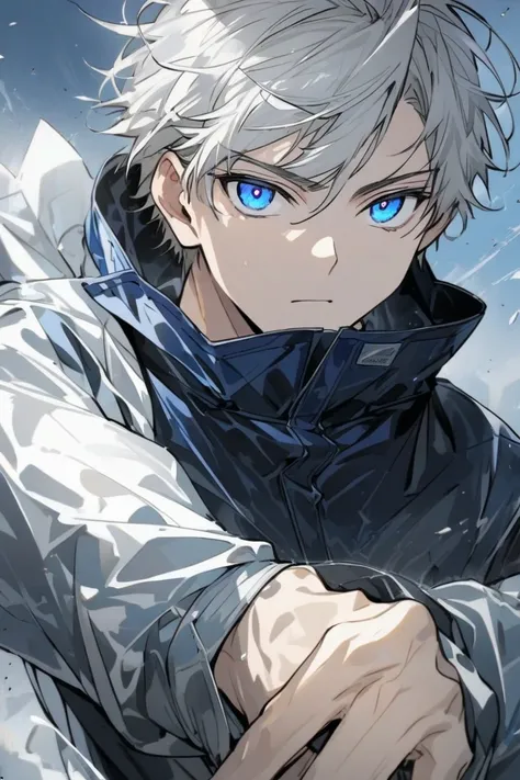 , masculine, white hair with black highlights,eyes with blue pupils, estiolo manhwa wind breaker, age 18 years.