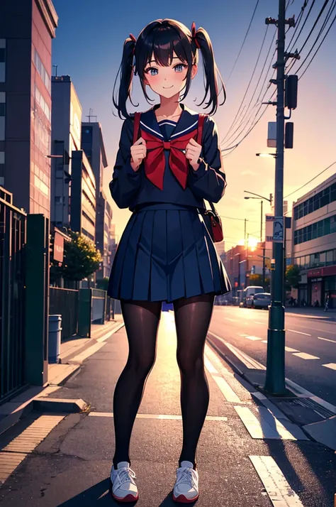 a solo cute shy boy, sexy boy,traps, short twintail hair, sexy small breast , crossdressing a japan long sleeve sailor high-school uniform ,navy blue skirt ,black pantyhose ,wearing a sneaker ,face red and embarrassed,smile ,standing sexy pose in a downtow...