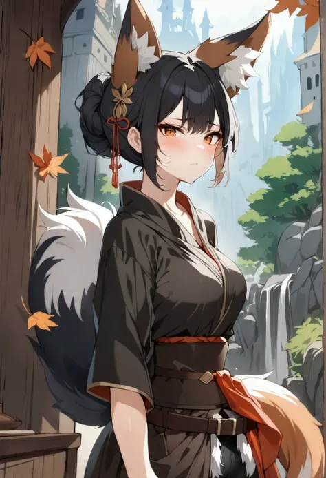 (1girl, Masterpiece, best quality, beautiful) A fox-woman, short black hair, (black fox ears with white fur), neutral face expression, (medieval-style detailed ((black very heavy bulky clothing robes multi-layered robes)) beautiful amber eyes, brown belt a...