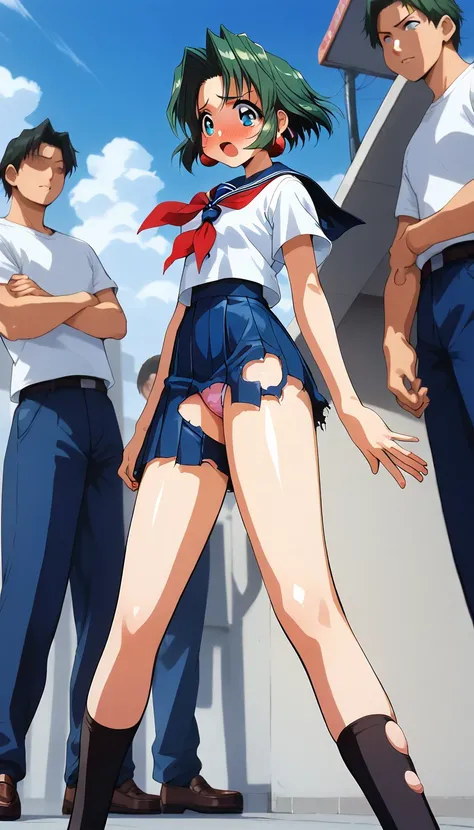 (masterpiece,  best quality :1.2),( super high resolution),(Ultra-detailed face)(torn clothes 1 :2.0) 1 woman,Alone, toshinden_Ellis, cross your arms, exposed behind hands,whole body, view from below,Short Sleeve School Uniforms , Ripped School Uniform, bl...