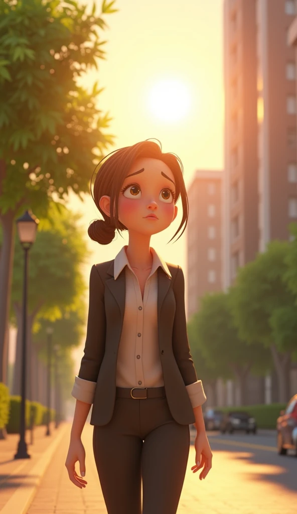 Lily has medium-length brown hair, usually tied in a bun or ponytail, and wears smart but simple office clothes. She often looks tired but hopeful when she starts to see changes in her attitude no.Lily walking outside and noticing the sun shining 3D animat...