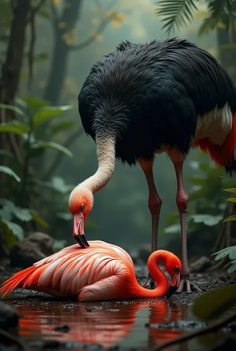 [A large ostrich stands over a mortally wounded flamingo on a dark forest; the scene depicts a brutal act of predation, the ostrichs foot seemingly having inflicted the fatal blow; a mood of stark violence and the harsh beauty of nature], [Digital Painting...