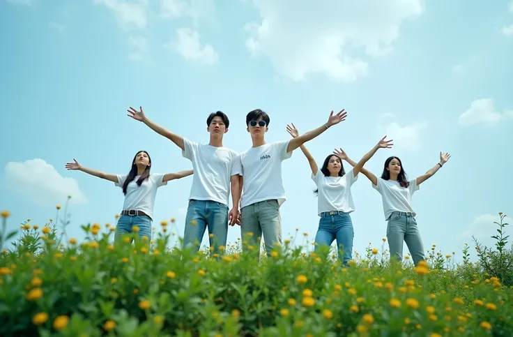 A group of young Korean people wearing collarless white hip hop-style t-shirts, posing for a photo with their arms spread wide, there are 2 men and 2 women, the background behind them is blue.