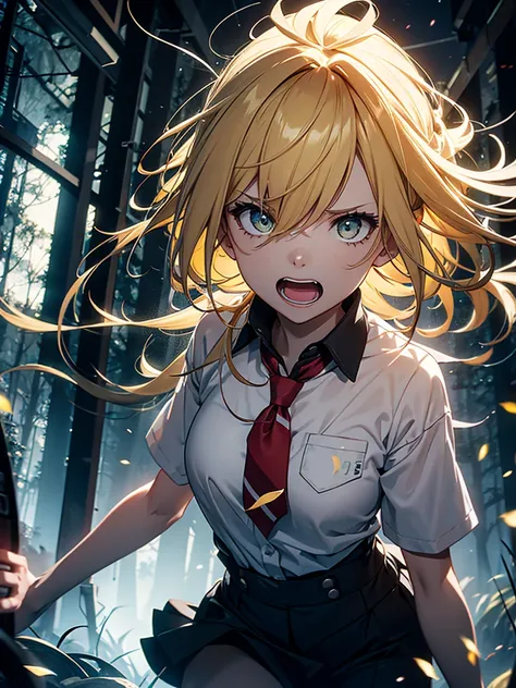 YELLOW-HAIRED GIRL RUNNING DESPERATELY IN A DARK FOREST AT NIGHT WEARING A SCHOOL UNIFORM WITH A SCARY EXPLANATION AND SCREAMING