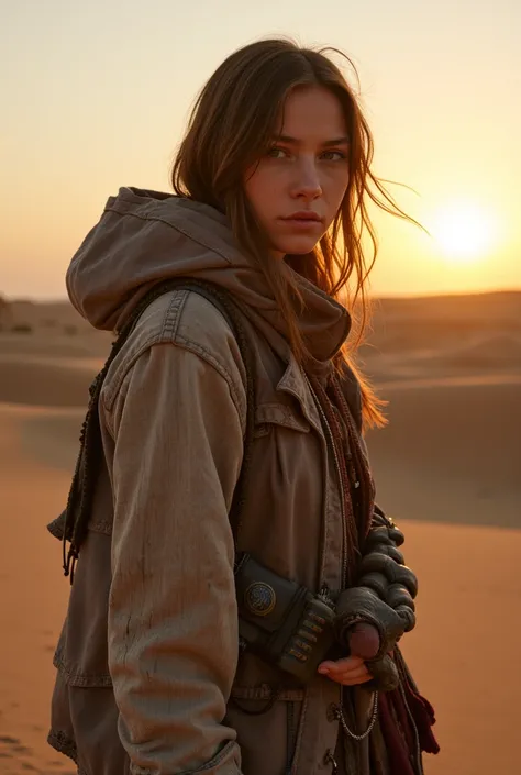 Masterpiece, Transitioning to a desert landscape at sunset, a lone figure, a beautiful 20 years old woman emerges wearing nomadic, very detailed face, ultra realistic face, very beautiful face, post-apocalyptic clothing. Layers of tattered fabric, unconven...