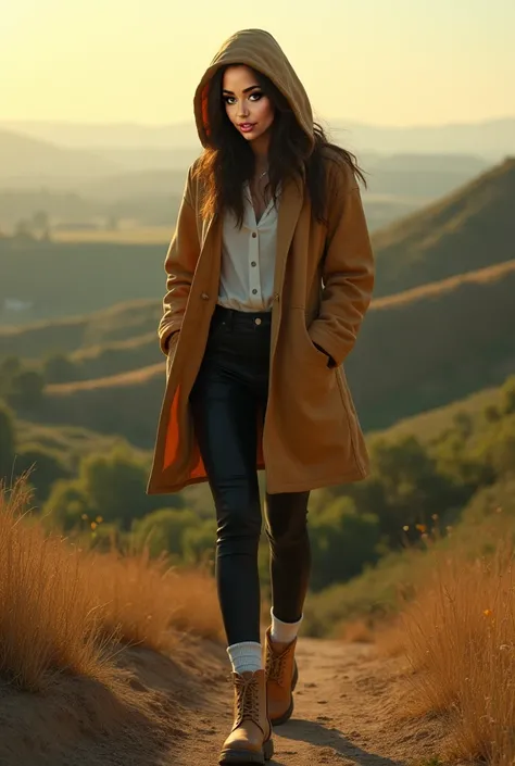 A beautiful Mexican American woman wearing a warm tan coat with a hood on her head, black leggings with white socks and soft tan boots, on top of a hill with the sun rising, feeling sad and alone as she walks towards green garden with hills ahead of her vi...