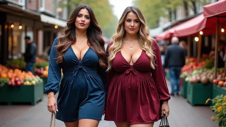 
 
(((Full-body-shot))) of Two 22-year-old voluptuous women from Greek-Lebanon-Dutch  plus-size hourglass body with heavy make up and fair skin tone ,soft smile, very long wavy styled blond and brown hair, they have very big ultra super boobs, , they are w...