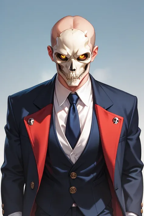 thin man in skull mask in suit, leans forward