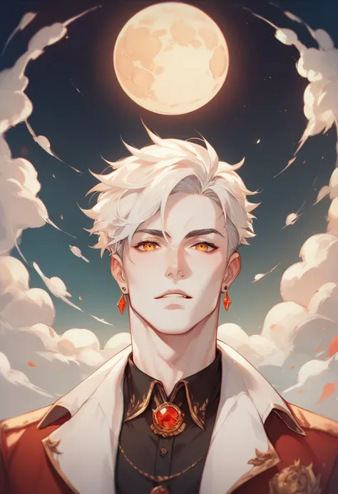  Tall man with white hair,  amber eyes and moon white skin , apparently 19 years old  