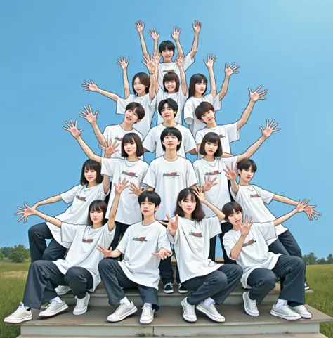 A group of young Korean people wearing collarless white hip hop-style t-shirts, posing for a photo with their arms spread wide, there are 2 men and 2 women, the background behind them is blue.