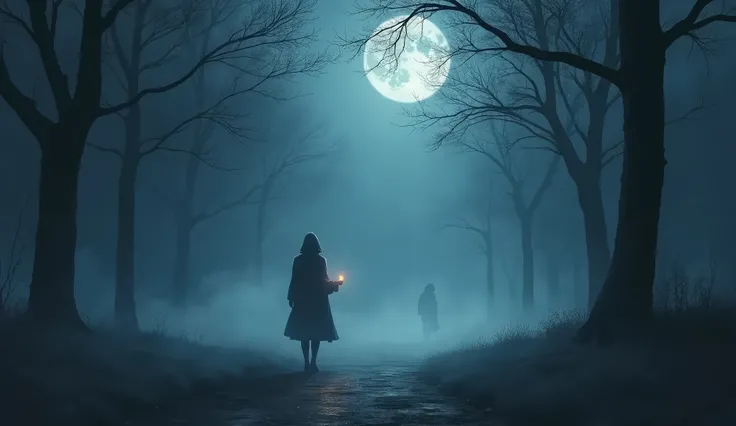 "A solitary figure walks through a dimly lit forest path under a moonlit sky, surrounded by a soft mist that gives the scene a dreamlike quality. The figures posture is heavy with sorrow, holding a small, glowing object—a locket or a piece of keepsake—in t...