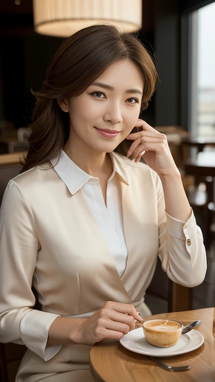 (UHD, masterpiece, anatomically correct, super detail, high quality, best quality, 8k、 sharp focus )、 adult elegant woman 、 realistic facial wrinkles:1.4、 elegant hairstyle 、40 years old、 classy Arafo clothes 、 Captivating Poses, Sit at a cafe seat and hav...