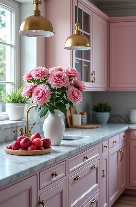 Create a cozy kitchen scene featuring pastel pink cabinetry and marble countertops. Include a striking vase filled with vibrant pink flowers as a centerpiece atop the counter. Add a wooden fruit bowl with red apples for a pop of color, and incorporate warm...