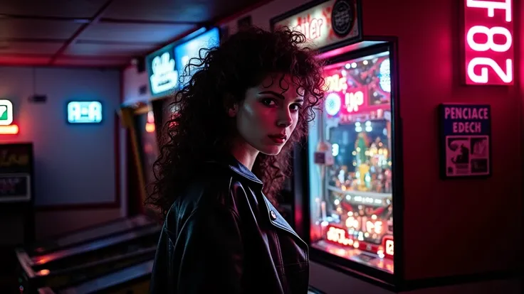  Kelly LeBrock from the movie  " Oh Science 1985 ", 80s,  denim shorts,  leather jacket, Vintage mother ,  old film aesthetic ,  80s hairstyle ,  messy voluminous curls ,  photographic grain ,  playing in some recreational ,  in a 1990s-style arcade room w...