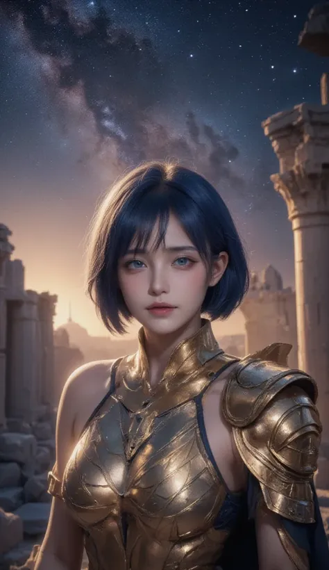 In this ultra-realistic photo shoot, a beautiful Korean girl is captured in a stunning pose amidst ancient Greek ruins. She wears shiny golden metal armor inspired by Saint Seiya, specifically the Cancer armor, which gleams under the night sky. Her short, ...