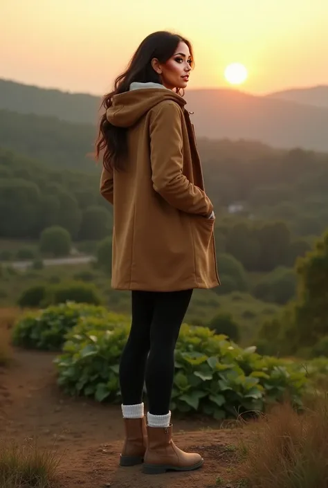 A beautiful Mexican American woman wearing a warm tan coat with a hood on her head, black leggings with white socks and soft tan boots, on top of a hill with the sun rising, feeling sad and alone as she walks towards green garden with hills ahead of her vi...