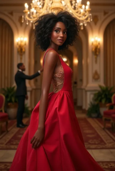 high quality, 8K Ultra HD, A dark skinned girl with an afro wearing an open sided red dress is at a  held at a hotel ballroom.