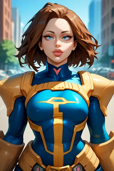 a woman, brown hair, big lips, blue eyes, small breast, front view, high definition, pretty face, blue metalic cybernetic thin armor, blurry background, my hero academia style HD, 4K