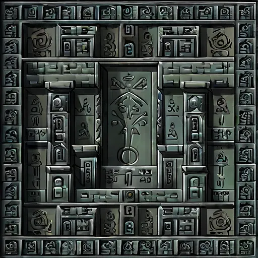 Design a pixel art icon in SNES-style graphics for the Ruins Interior map, focusing on a single, ominous chamber within an ancient, crumbling temple. The icon should depict a central room with a cracked stone floor, faded carvings or runes etched into the ...