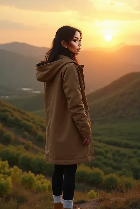 A beautiful Mexican American woman wearing a warm tan coat with a hood on her head, black leggings with white socks and soft tan boots, on top of a hill with the sun rising, feeling sad and alone as she walks towards green garden with hills ahead of her vi...