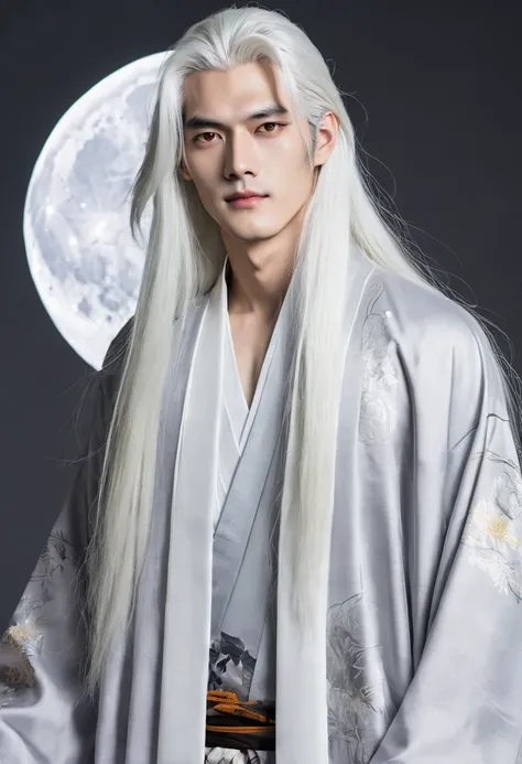 A tall guy with long white hair,  amber eyes and moon white skin , apparently 23 years old ,  is wearing a grey long-sleeved kimono