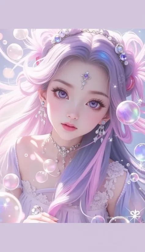 A magical portrait of a fantasy princess with flowing pastel purple and pink hair adorned with delicate jeweled accessories and glowing ornaments. Her large, captivating eyes glimmer with soft shades of purple and pink, framed by long, fluttering lashes. S...