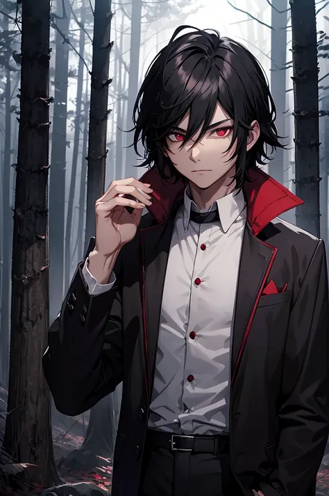 A BLACK-HAIRED MALE BOY WITH COLD RED EYES VAMPIRE STANDING IN A FOREST AT NIGHT