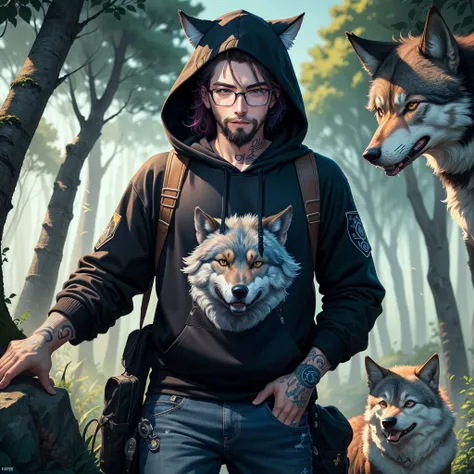 A highly detailed and stylized digital illustration of a young man who is an anarchist cyber activist wearing a hoodie, designed with elements like vegan patches, animal liberation symbols, and black bloc aesthetics. The character is wearing glasses, with ...