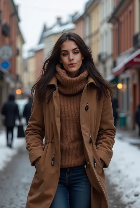 Make me a latina girl 23yo in the city walking outside a european street, weather is cold, she is wearing a winter clothes that highlights her beauty 